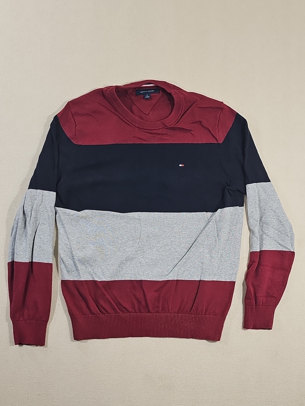 Tommy Hilfiger Men's Colorblock Crewneck Sweater - Burgundy/Black/Light Gray